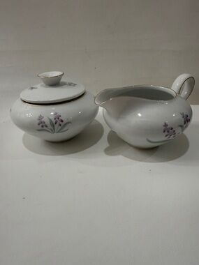R KPM Krister Germany White Porcelain Creamer Sugar Bowl Tea Set Purple Floral